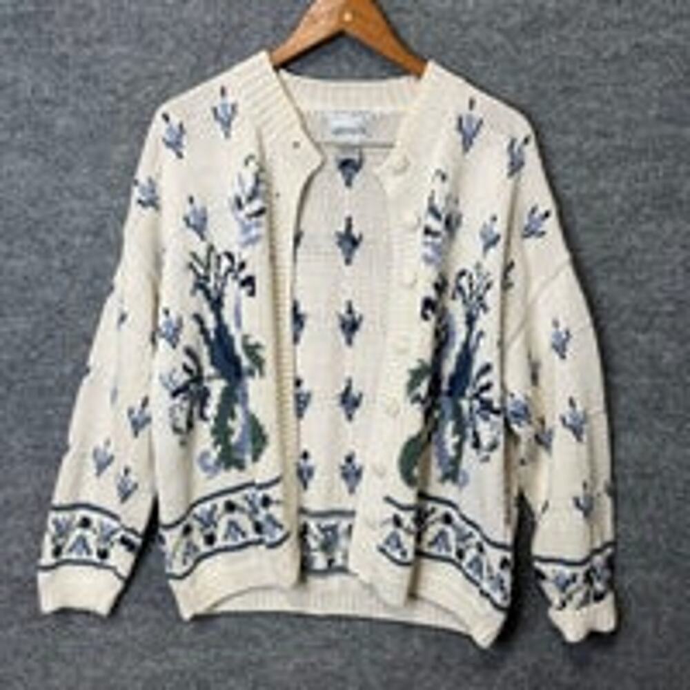 Lydia Jane vintage hand knit white floral cardigan size large